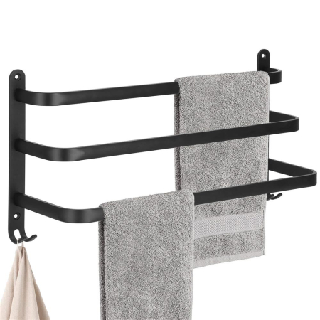 Suport prosoape pentru baie cu 2 sisteme de instalare, 3 brate, din aluminiu, 49x25cm, negru [13]