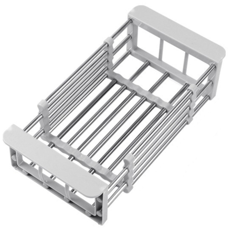 Ustensile pentru Bucătărie - Suport Scurgere Extensibil pentru Bucatarie, , Uscator Vase din Otel Inoxidabil, Suport Tacamuri si Pahare, Suport pentru Fructe si Legume, 24.5 x 16.5 x 9.5 cm Gri deschis