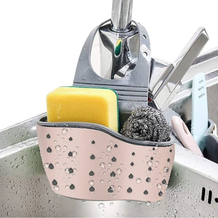 Suport Scurgere pentru Burete si Laveta de Vase Bucatarie, , Roz, Curea Reglabila, Plastic Flexibil, 15x 5x 21cm [2]