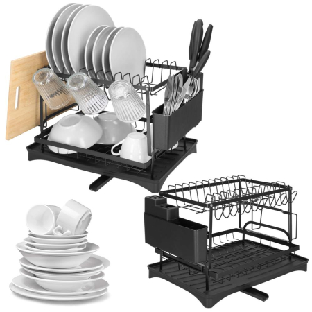 Suport vase 2 niveluri cu tava scurgere si suport tacamuri, 42x30x31,5 cm, negru [5]