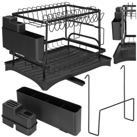Suport vase 2 niveluri cu tava scurgere si suport tacamuri, 42x30x31,5 cm, negru [4]