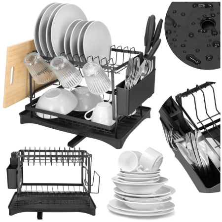 Suport vase 2 niveluri cu tava scurgere si suport tacamuri, 42x30x31,5 cm, negru [3]