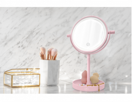 Oglinda de Masa pentru Machiaj si Make Up, cu Lumina LED Integrata, Wireless, cu Baterii, Buton Touch Screen On/Off, Premium, Roz [2]