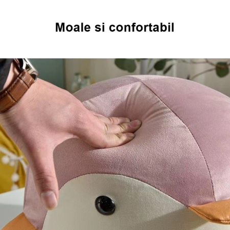 Taburet Pentru Copii, , Cadru din Lemn Masiv, 25 x 29 x 29 cm, Perna de Burete Elastica si Maner de Transport, in Forma de Pinguin, Roz [2]