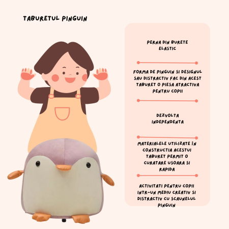 Taburet Pentru Copii, , Cadru din Lemn Masiv, 25 x 29 x 29 cm, Perna de Burete Elastica si Maner de Transport, in Forma de Pinguin, Roz [5]