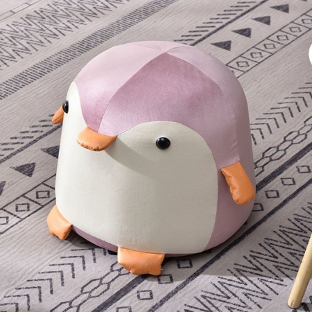 Taburet Pentru Copii, , Cadru din Lemn Masiv, 25 x 29 x 29 cm, Perna de Burete Elastica si Maner de Transport, in Forma de Pinguin, Roz [7]
