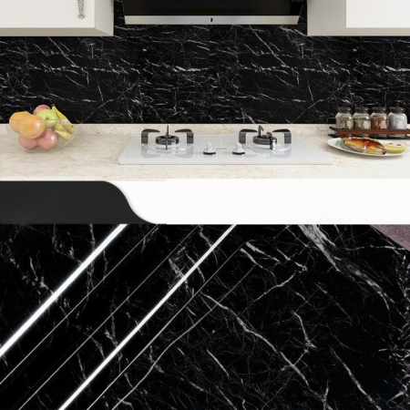 Tapet Autocolant pentru Bucatarie, , Rola cu Efect de Marmura, Folie Autoadeziva, 40cmx100cm, Negru [4]