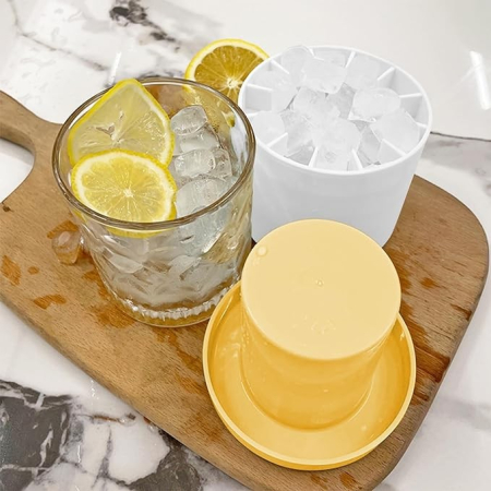 Tava de Gheata din Silicon cu Capac, , Forma de Gheata pentru Racirea Bauturilor, in Forma de Pahar, Silicon fara BPA, Cuburi de Gheata, 9x8.5x8 cm, Galben [2]