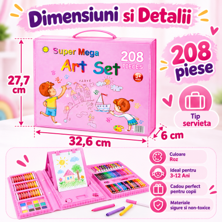 Set 208 Piese pentru Pictura si Desen Copii, Servieta Roz, 3-12 Ani - ORIGINAL DEALS [6]