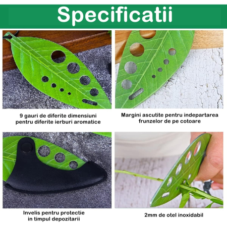 Tocator manual pentru ierburi , instrument de curatat frunze, tocator, margini ascutie, 9 gauri de diferite dimensiuni, multifunctional, material otel inoxidabil, rezistent la rugina, 14 x 5.5 cm, verde [5]