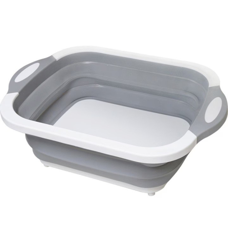 Ustensile pentru Bucătărie - Tocator Multifunctional, , 2 in 1, cu Cos pentru Spalat si Scurgere Alimente, 480 g, Pliabila, Gri
