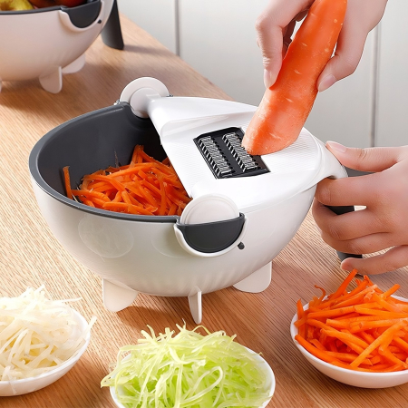 Tocator Multifunctional, , Lame Otel Inoxidabil, cu Suport Scurgere, Maner, Protectie Mana, 22x22x12 cm, Alb Negru [3]