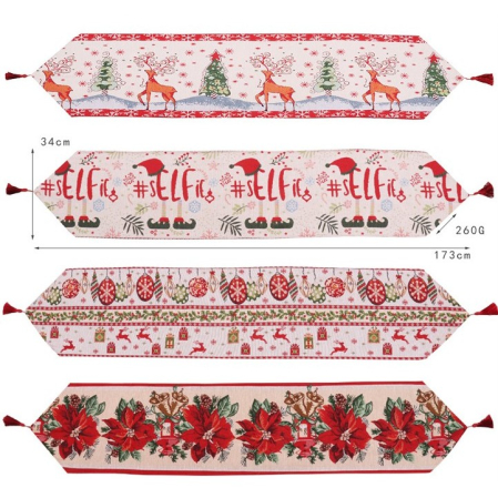 Traversa de Masa pentru Craciun, , Napron, din Material Tricotat cu Tesatura Groasa, Model Globuri, Reni si Cadouri, cu Colt si Ciucure, 173x34x0.2 cm, Alb/ Rosu [2]