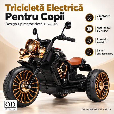 Tricicleta Electrica pentru Copii, , cu 2 Acumulatoare 380*2, 6V 4.5, Sistem Anti-Rasturnare, Sistem de Lumini si Sunet, 6-8 Ani, 93 x 48 x 63 cm, Negru