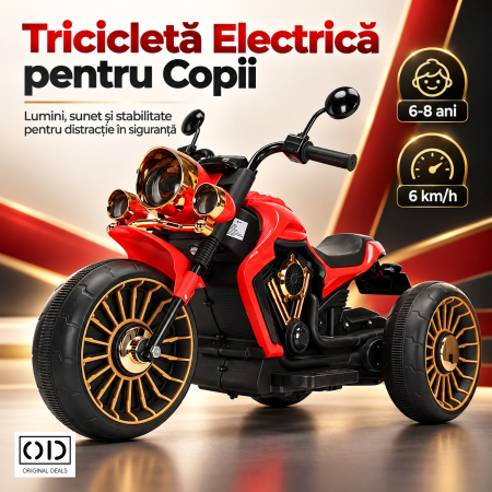 Tricicleta Electrica pentru Copii, , cu 2 Acumulatoare 380*2, 6V 4.5, Sistem Anti-Rasturnare, Sistem de Lumini si Sunet, 6-8 Ani, 93 x 48 x 63 cm, Rosu Negru