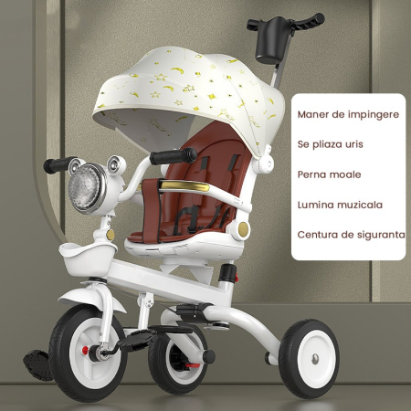 Tricicleta multifunctionala pentru Copii, , Cu Copertina Pliabila, Tip Impingere, Scaun Rotativ cu Functie Sezut si Culcat, Ghidon cu Cos Lumini si Muzica, Suport Pahar, 80 x 60 x 53 cm, Alb Ivory [1]