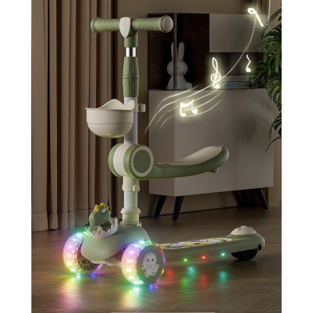 Trotineta Multifunctionala 3 in 1, , pentru Copii, 1-7 Ani, cu Lumini si Muzica, Reglabil 360, Pliere Usoara, Reglarea Inaltimii, Model Dinozaur, Bej/Verde [2]