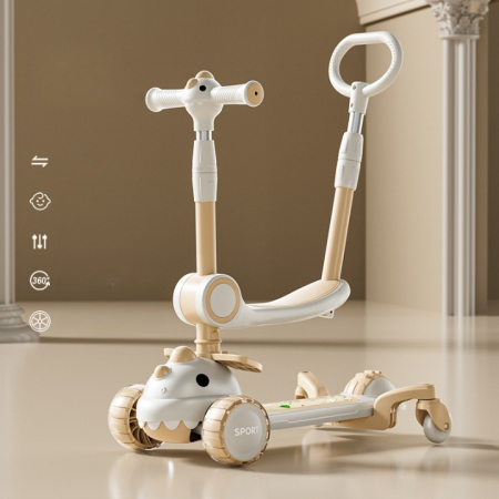 Trotineta Multifunctionala 6 in 1, , Pentru Copii De La 10 Luni Pana La 12 Ani, Cu Maner De Impingere, Reglabil 360, Pliere Usoara, Reglarea Inaltimii, Model Dinozaur, Alb/Bej [5]
