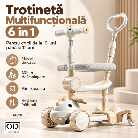 Trotineta Multifunctionala 6 in 1, , Pentru Copii De La 10 Luni Pana La 12 Ani, Cu Maner De Impingere, Reglabil 360, Pliere Usoara, Reglarea Inaltimii, Model Dinozaur, Alb/Bej