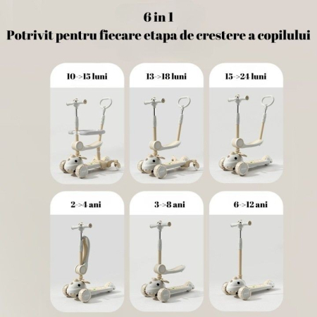 Trotineta Multifunctionala 6 in 1, , Pentru Copii De La 10 Luni Pana La 12 Ani, Cu Maner De Impingere, Reglabil 360, Pliere Usoara, Reglarea Inaltimii, Model Dinozaur, Alb/Bej [1]
