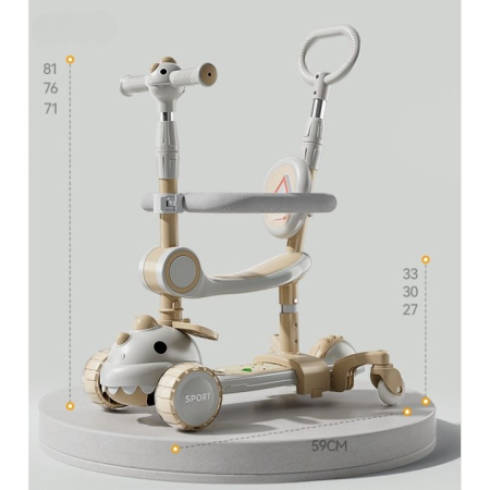 Trotineta Multifunctionala 6 in 1, , Pentru Copii De La 10 Luni Pana La 12 Ani, Cu Maner De Impingere, Reglabil 360, Pliere Usoara, Reglarea Inaltimii, Model Dinozaur, Alb/Bej [7]