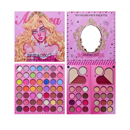 Palete Farduri si Truse Make-Up - Trusa de Machiaj, KEVIN & COCO, Princess Palette. Fard de Pleoape, Iluminator, Corector, Ruj, 79 culori, 19.7 x 20 x 2 cm
