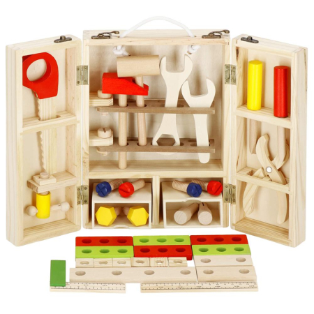 Disponibil livrare locker S - Trusa de unelte pliabila pentru copii din lemn natural , 26 unelte si accesorii