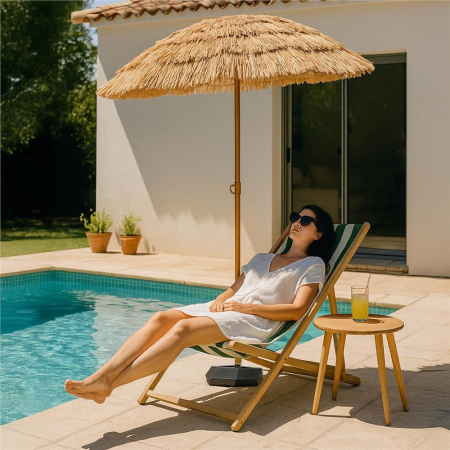 Umbrela de plaja tip hawai pliabila, cu inaltime si unghi reglabil, structura metalica, 160 cm, maro [21]