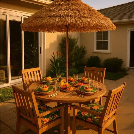 Umbrela de plaja tip hawai pliabila, cu inaltime si unghi reglabil, structura metalica, 160 cm, maro [9]