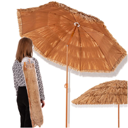 Umbrela de plaja tip hawai pliabila, cu inaltime si unghi reglabil, structura metalica, 160 cm, maro [6]