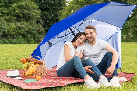 Umbrela plaja 3in1 215x205 cm, cu paravan lateral, fereastra si husa transport, material UV, albastru [2]