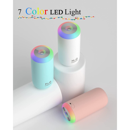 Umidificator, H2O, cu Difuzor de Aroma, Lumina de Noapte LED in 7 Culori, Zgomot Redus, 14.7x7.2cm, 350mL, Culoare Roz [1]