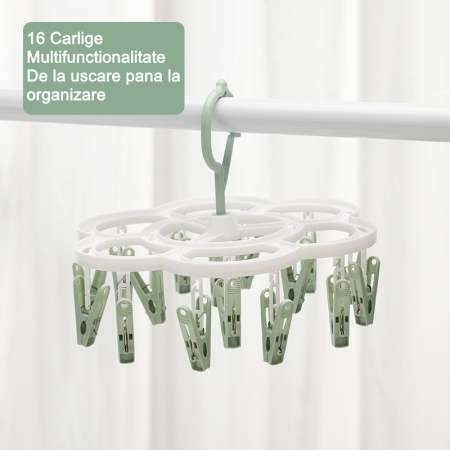 Uscator de Rufe Suspendat , cu 16 Carlige, Rotire 360 Grade, Mateiral Plastic, Usor de Depozitat, Multifunctional, 26 x 21 cm, Verde [3]