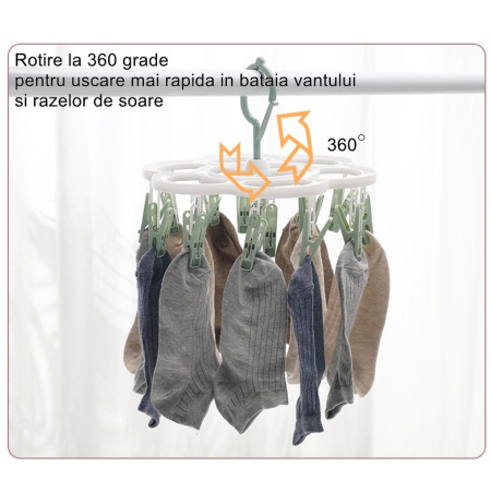 Uscator de Rufe Suspendat , cu 16 Carlige, Rotire 360 Grade, Mateiral Plastic, Usor de Depozitat, Multifunctional, 26 x 21 cm, Verde [4]