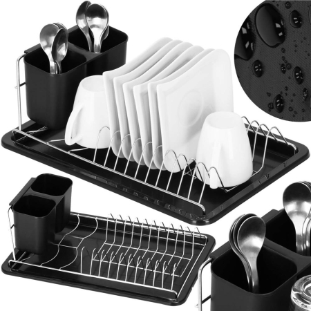 Uscator de vase cu suport tacamuri, din otel cromat, cu tava de scurgere, 40x19x13cm, negru [4]