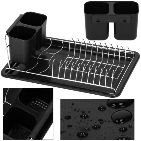 Uscator de vase cu suport tacamuri, din otel cromat, cu tava de scurgere, 40x19x13cm, negru [13]