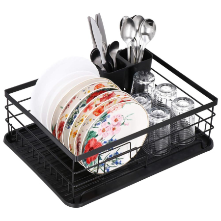 Uscator de vase cu suport tacamuri, din otel, cu tava de scurgere, 42x32x15cm, negru [5]