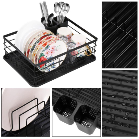 Uscator de vase cu suport tacamuri, din otel, cu tava de scurgere, 42x32x15cm, negru [24]