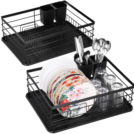 Uscator de vase cu suport tacamuri, din otel, cu tava de scurgere, 42x32x15cm, negru [6]