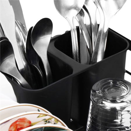 Uscator de vase cu suport tacamuri, din otel, cu tava de scurgere, 42x32x15cm, negru [14]
