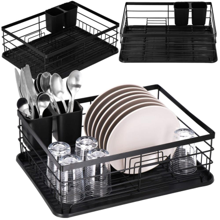 Uscator de vase cu suport tacamuri, din otel, cu tava de scurgere, 42x32x15cm, negru [8]