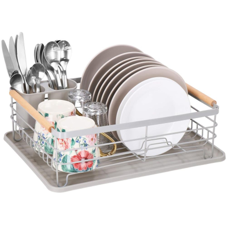 Uscator de vase cu suport tacamuri, din otel, cu tava de scurgere, manere lemn, 42x32x15cm, gri [13]