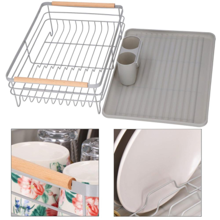 Uscator de vase cu suport tacamuri, din otel, cu tava de scurgere, manere lemn, 42x32x15cm, gri [23]