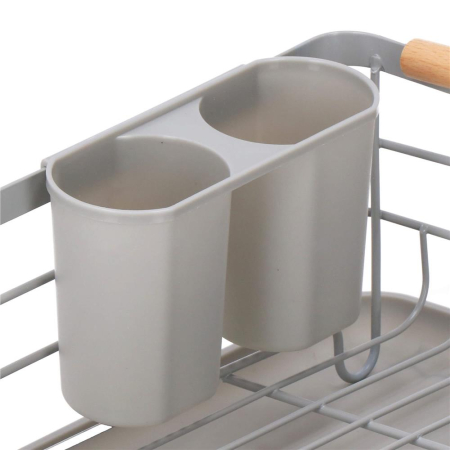 Uscator de vase cu suport tacamuri, din otel, cu tava de scurgere, manere lemn, 42x32x15cm, gri [11]