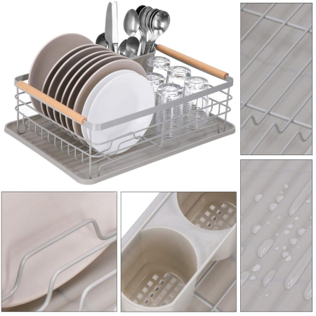 Uscator de vase cu suport tacamuri, din otel, cu tava de scurgere, manere lemn, 42x32x15cm, gri [22]