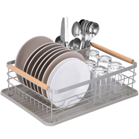 Uscator de vase cu suport tacamuri, din otel, cu tava de scurgere, manere lemn, 42x32x15cm, gri [14]