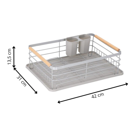 Uscator de vase cu suport tacamuri, din otel, cu tava de scurgere, manere lemn, 42x32x15cm, gri [24]