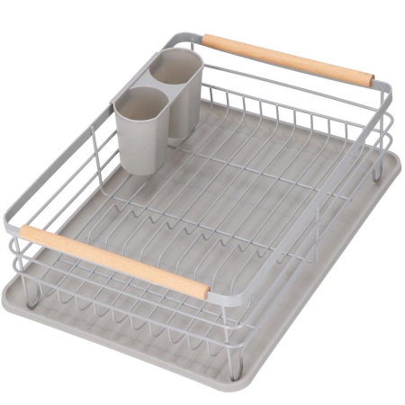 Uscator de vase cu suport tacamuri, din otel, cu tava de scurgere, manere lemn, 42x32x15cm, gri [15]