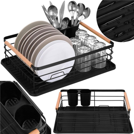 Uscator de vase cu suport tacamuri, din otel, cu tava de scurgere, manere lemn, 42x32x15cm, negru [9]