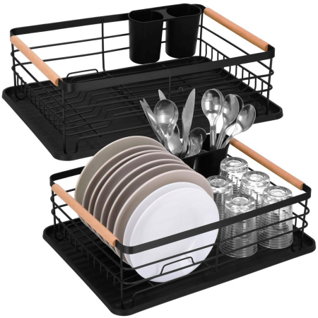 Uscator de vase cu suport tacamuri, din otel, cu tava de scurgere, manere lemn, 42x32x15cm, negru [8]
